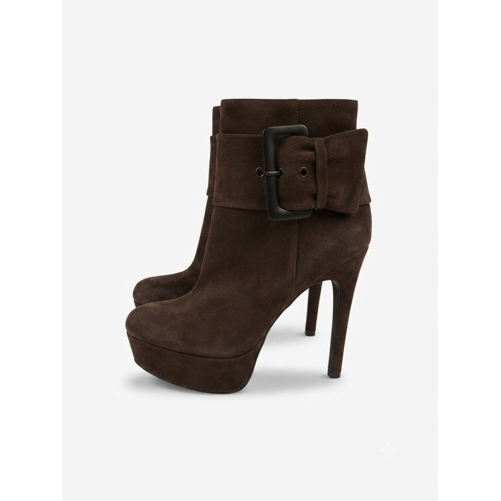 Via Spiga Y2K Brown Suede Retro Glam Platform Ankle Boots Buckle Stiletto Heel 7